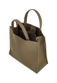 Olijfgroene leren shopper met een gestructureerd oppervlak, twee korte handvatten en een ruime binnenkant met een bruine voering en een met rits afsluitbaar vak.