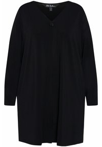 Cárdigan negro de manga larga con escote en V y cierre de botones. Hecho de una tela suave, con un ajuste holgado y un diseño hasta la rodilla.