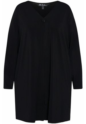 Cardigan lungo nero a maniche lunghe con scollo a V e chiusura con bottoni. Realizzato in tessuto morbido, presenta una vestibilità ampia e un design fino al ginocchio.