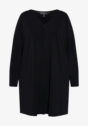 Zwarte lange mouwen cardigan met een V-hals en een knoopsluiting. Gemaakt van zachte stof, met een losse fit en een knielange ontwerp.