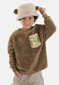 Sudadera de forro polar marrón con un bolsillo beige claro que presenta un gráfico de un tigre; combinada con un sombrero de cubo beige con orejas de oso.