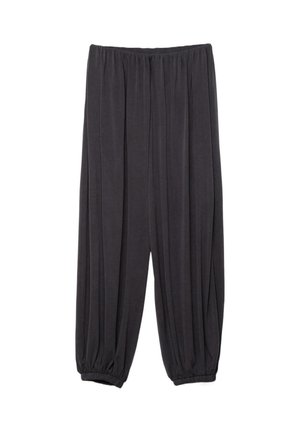 Loose-fitting black pants with elastic waistband and gathered elastic cuffs, made from soft, lightweight fabric.