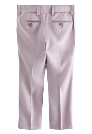 Pantaloni de culoare lavandă deschisă, cu o textură netedă, prevăzuți cu talie, două buzunare posterioare cu închidere cu nasturi și picioare drepte.
