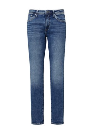 Blaue Denim-Jeans mit schlanker Passform, mittelhoher Taille, klassischem Fünf-Taschen-Design und leichter Ausbleichung zum Saum hin.