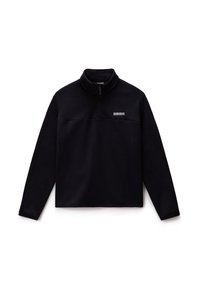 Black fleece pullover with a half zipper, high collar, and a small logo on the chest. Soft texture with long sleeves and a relaxed fit.