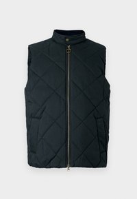 Σκούφο σκούρο πράσινο γιλέκο με επένδυση, υψηλό γιακά, φερμουάρ μπροστά και δύο πλαϊνές τσέπες. Διαθέτει ραφές σε μοτίβο διαμαντιών και σήμα με λογότυπο.