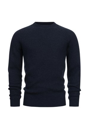 Marineblå ribbestrikket genser med rund hals, lange ermer og en tettsittende design, laget av et mykt strikkemateriale.