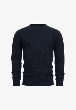 Marineblå ribbestrikket genser med rund hals, lange ermer og en tettsittende design, laget av et mykt strikkemateriale.