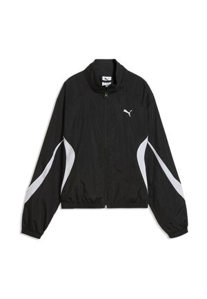 Giacca nera Puma con zip con strisce bianche curve sulle maniche e sul davanti, polsini ed orlo elasticizzati e logo Puma sul petto.
