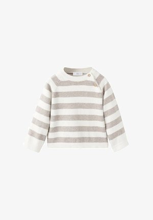 Pull rayé blanc et gris clair. Il présente des manches longues, un col rond et deux boutons en bois à l'épaule pour la fermeture.