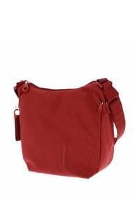 Borsa a spalla rossa con texture, con apertura zip, tracolla regolabile e dettagli con logo. Materiale morbido con un motivo sottile e accenti.