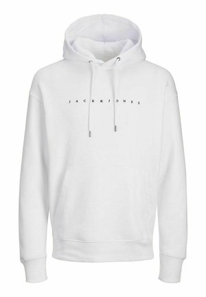 Hoodie blanc en coton, avec une poche frontale, des cordons de serrage, et le texte "JACK & JONES" imprimé en noir sur la poitrine.