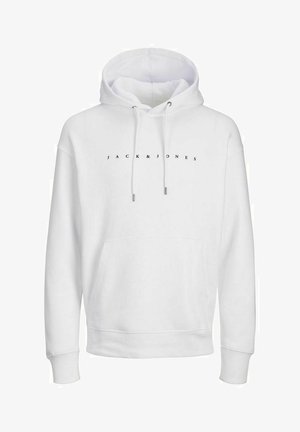 White hoodie made of cotton, featuring a front pocket, drawstrings, and the text "JACK & JONES" printed in black across the chest.