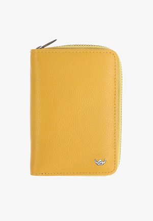Portefeuille compact en cuir jaune avec fermeture éclair et petit logo argenté en bas à droite.