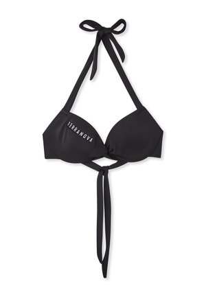 Top bikini nero stile halter con laccetti sul davanti e al collo, coppe imbottite e la parola «"Terranova"» stampata in bianco sulla coppa sinistra.