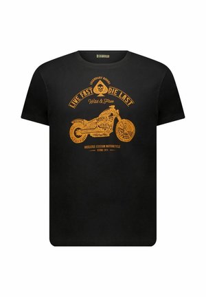 T-shirt noir avec motif moto vintage orange et texte "Live Fast Die Last," "Wild & Free," et "Deeluxe Custom Motorcycle Estbd. 1974."