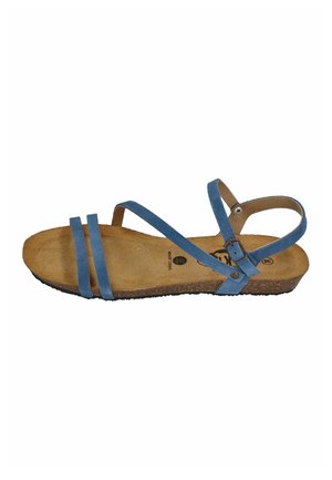 Blue strappy sandal with cork sole and brown cushioned footbed, featuring a buckle ankle strap and two front toe straps.