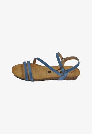 Blaue Riemchensandale mit Korksohle und braunem gepolstertem Fußbett, mit einer Schnalle am Knöchelriemen und zwei vorderen Zehenriemen.