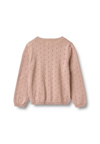 Staubiger rosa gestrickter Pullover mit langen Ärmeln und kleinem Lochmuster, mit gerippten Bündchen, Halsauschnitt und Saum, von hinten auf weißem Hintergrund gezeigt.