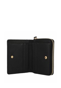 Black leather wallet with a pebbled texture, gold hardware, zipper closure, and multiple card slots on the left interior.