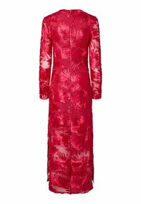 Rød kjole med lange ærmer i gennemsigtigt stof, dekoreret med blomsterbroderi og en tætsiddende silhuet. Lynlås bagpå og slids ved kanten.