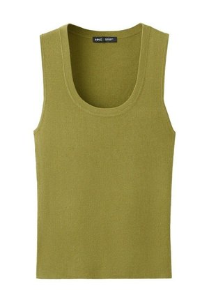 Maiou fără mâneci tricotat într-o nuanță de verde măsliniu, cu decolteu rotund și etichetă de marcă neagră în interiorul gulerului.