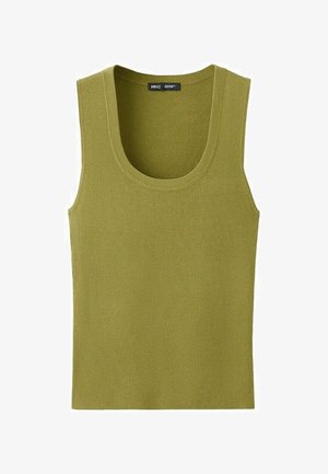 Maiou fără mâneci tricotat într-o nuanță de verde măsliniu, cu decolteu rotund și etichetă de marcă neagră în interiorul gulerului.