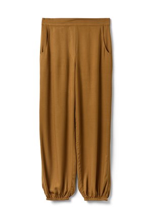 Pantalon marron ample avec poignets élastiques et poches latérales, présenté à plat sur fond blanc.