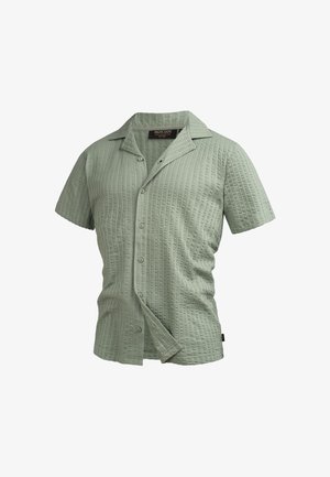 Košile s krátkým rukávem ve světle zelené barvě, s texturovanou látkou a zapínáním na knoflíky. Má výstřih s klopami a jemně pruhovaný vzor.