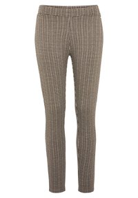 Elastic waistband leggings in a brown and black houndstooth pattern. Features a fitted silhouette and smooth fabric texture.