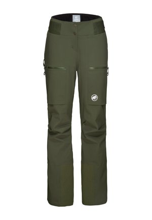 Green waterproof pants featuring a fitted waist, zippered pockets, reinforced lower legs, and a logo patch on the thigh.