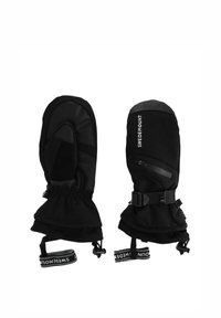 Black mittens made from a soft, textured material. Features include an adjustable strap, elastic cuffs, and a logo label.