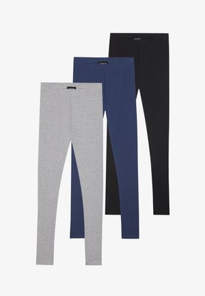 Three pairs of leggings in gray, navy blue, and black. Each pair has a smooth fabric texture and a fitted design with an elastic waistband.