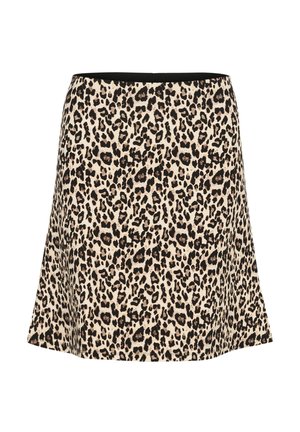 Jupe à imprimé léopard avec un design évasé, fond beige et accents noirs. Fabriquée en tissu lisse, avec un détail de ceinture.