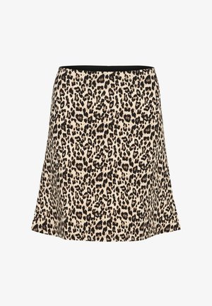 Leopárdmintás szoknya bővülő szabással, bézs háttérrel és fekete részletekkel. Simító anyagból készült, derékpánt részlettel.