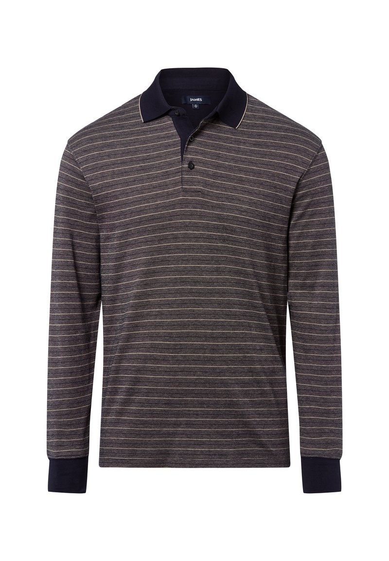 Koszulka polo z długim rękawem w ciemnoszarym kolorze w poziome pasy. Posiada granatowy kołnierz i mankiety, zapięcie na dwa guziki oraz miękką strukturę.