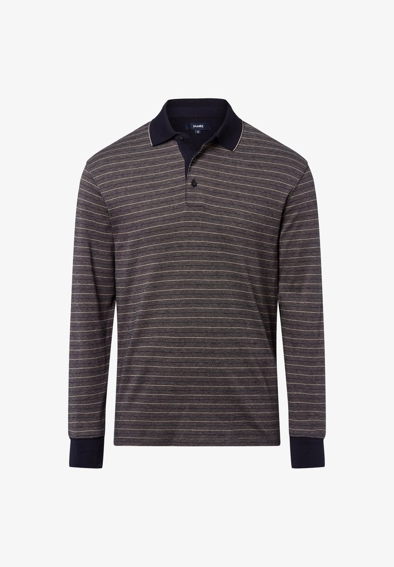 Koszulka polo z długim rękawem w ciemnoszarym kolorze w poziome pasy. Posiada granatowy kołnierz i mankiety, zapięcie na dwa guziki oraz miękką strukturę.