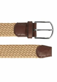 Flätad bälte i tan-färgad tyg med bruna läderdetaljer och spänne i silvermetall, med en strukturerad, vävd design och avsmalnande ändar.