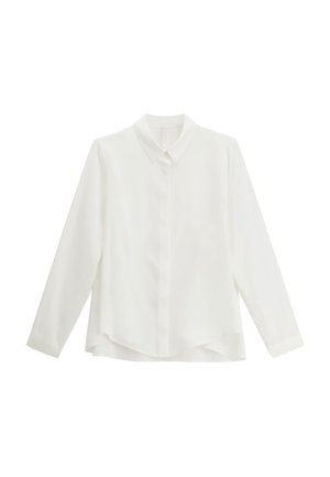 Camicia bianca a maniche lunghe con bottoni, collo classico e orlo leggermente curvo, mostrata su uno sfondo bianco semplice.