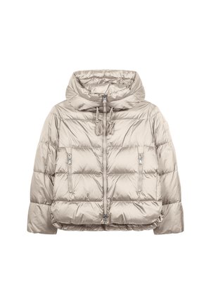 Beige Steppjacke mit Kapuze, ausgestattet mit einem quilted Design, zwei Reißverschlusstaschen vorne und einem Reißverschluss. Glatte, glänzende Stoffoberfl�äche.
