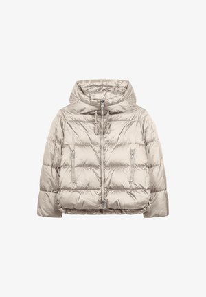 Beige Steppjacke mit Kapuze, ausgestattet mit einem quilted Design, zwei Reißverschlusstaschen vorne und einem Reißverschluss. Glatte, glänzende Stoffoberfläche.