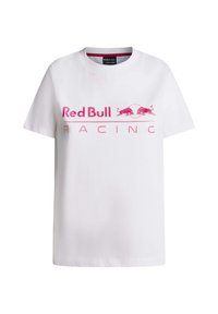 Λευκό μπλουζάκι με στρογγυλή λαιμόκοψη, με ροζ κείμενο "Red Bull Racing" και δύο λογότυπα κόκκινων ταύρων στο στήθος.