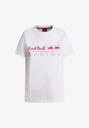 White crew-neck t-shirt with pink "Red Bull Racing" text and two red bulls logos across the chest.