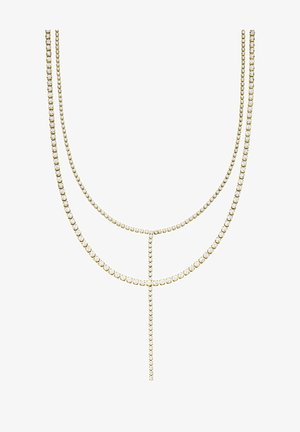 Collier délicat en chaîne d'or avec deux rangs de petites pierres blanches rondes, orné d'un pendentif vertical en goutte.