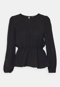 Svart långärmad blus med rund halsringning, rynkad midja och avslappnad peplumkant. Tillverkad av lätt, mjukt tyg.