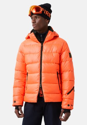 Bright orange puffer jacket with a zip front, hood, and black hardware; features side zip pockets and a textured quilted design.