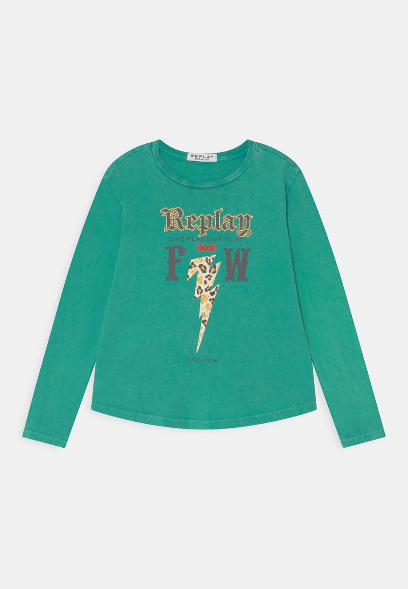 Camisola de manga longa verde com decote redondo, apresentando uma estampagem gráfica arrojada: 'Replay' e um raio com padrão de leopardo. Tecido suave e casual.