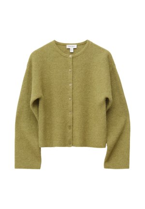 Soft olive green knit cardigan with long sleeves and seven front buttons, featuring a round neckline and ribbed texture.