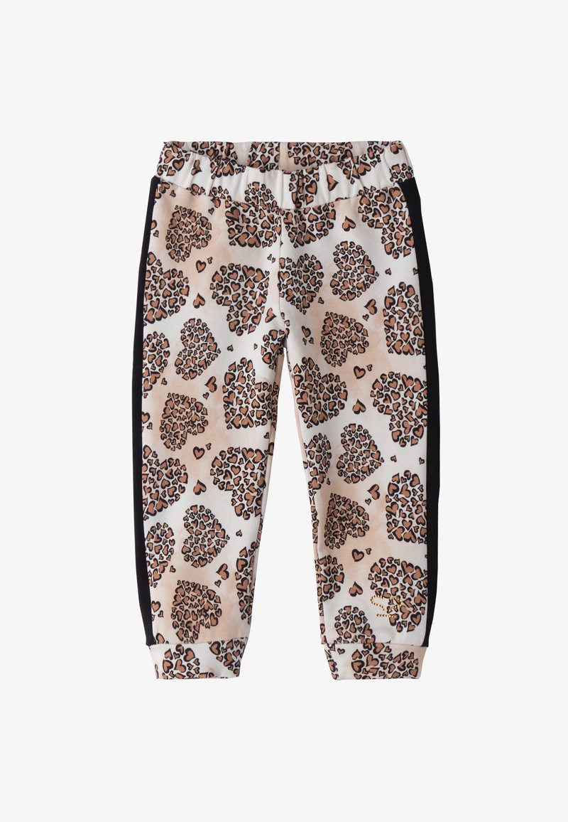 Pantalons de jogging imprimé léopard en beige, avec des bandes latérales noires et une taille froncée. Tissu doux avec des motifs de coeurs et de léopards.