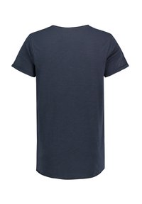Dark navy blue short-sleeve t-shirt with a rounded neckline, slightly curved hem, and soft, smooth texture. No visible patterns or accents.
